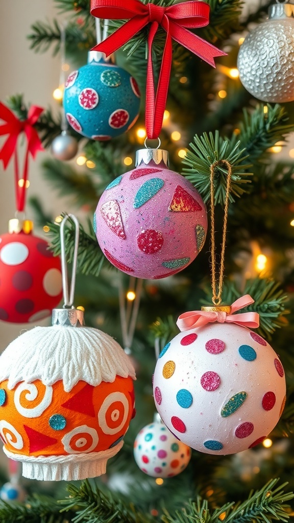 Colorful homemade Christmas ornaments hanging on a decorated tree.